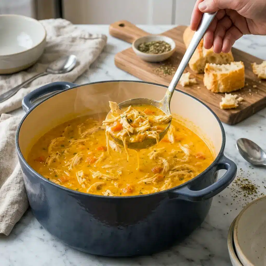 Ladled into a bowl with crusty bread, this Pumpkin Chicken Soup makes a satisfying Fall Chicken Recipe for cooler evenings.