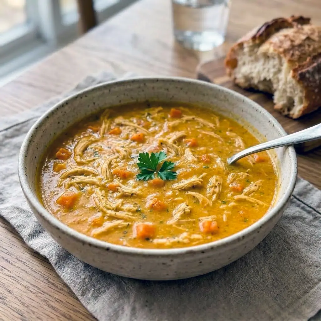 Simmering on the stove, this Pumpkin Chicken Soup shows why it's a top pick among Dinner Ideas For Fall.