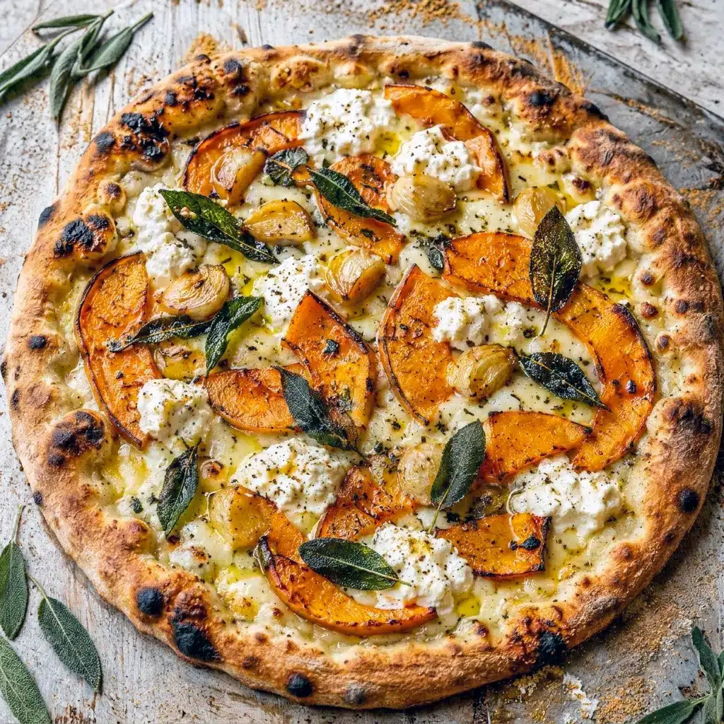 Layered with ricotta and roasted pumpkin, this Pumpkin Sage Ricotta Pizza is a savory twist that stands apart from a sweet Pumpkin Pie Pizza.