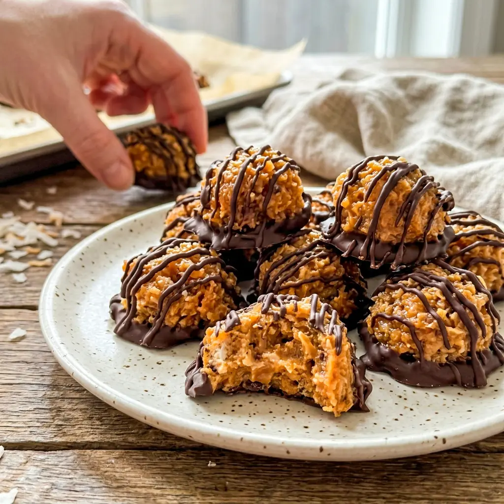 Stacked on a serving plate, these Samoa Truffles are a beautiful addition to any spread of Holiday Finger Desserts.