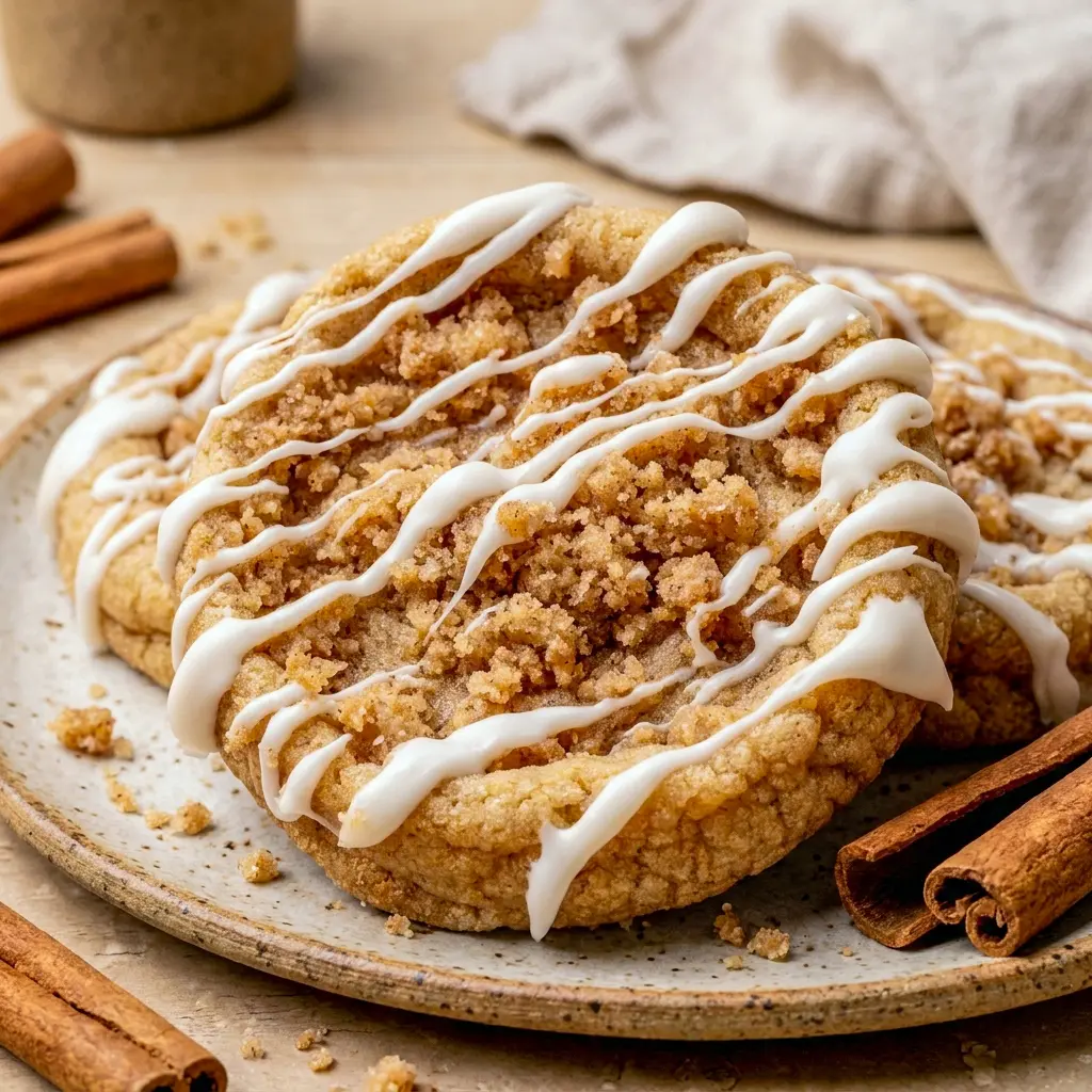 A close-up shot shows freshly baked coffee cake cookies with a crumbly streusel center, proof that these soft coffee cake cookies deserve a spot in your recipe box.