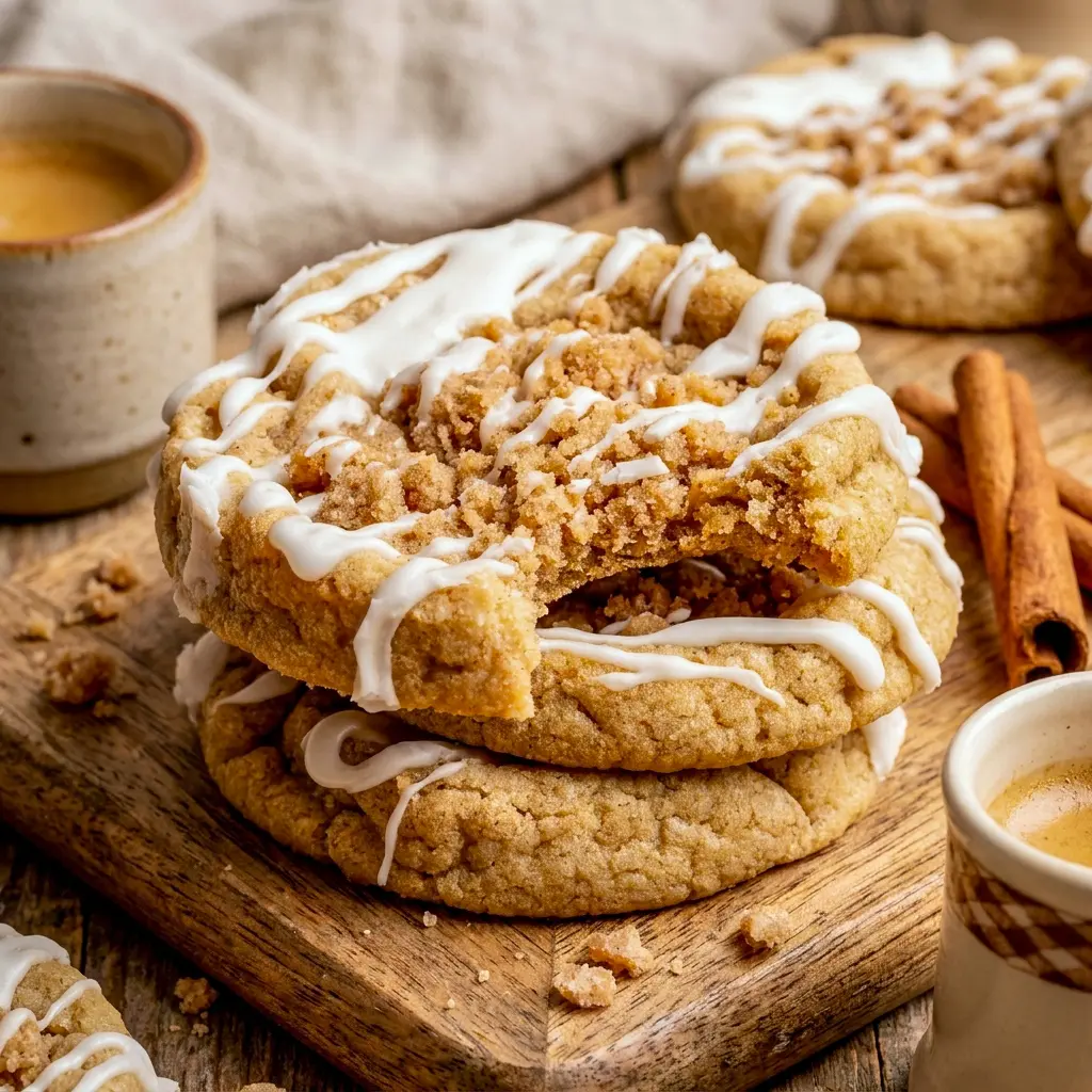 Hands pressing streusel into cookie dough make this a fun diy coffee cookie recipe, and the finished coffee cake cookies taste just like a bakery batch.
