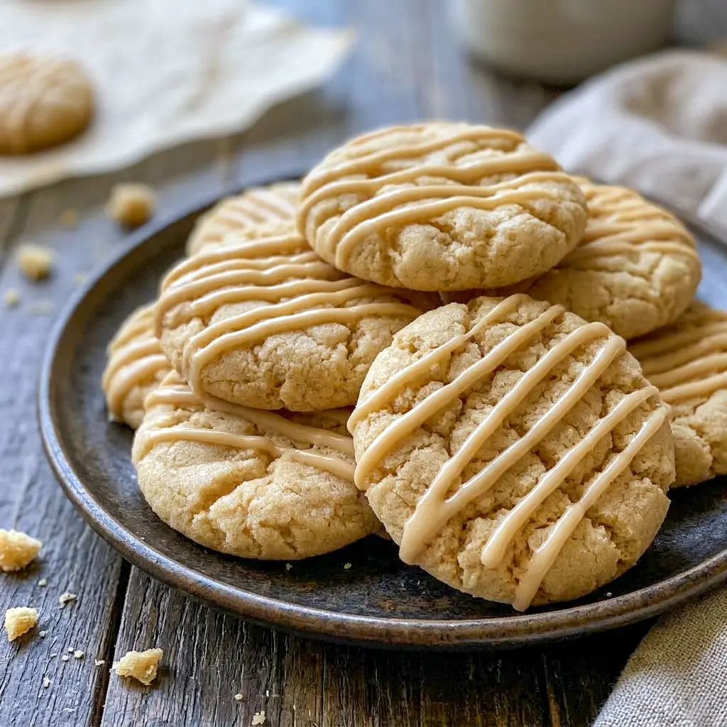 Close-up of Soft Maple Sugar Cookies stacked on a plate, showing the soft, chewy texture typical of homemade Maple Syrup Cookies.