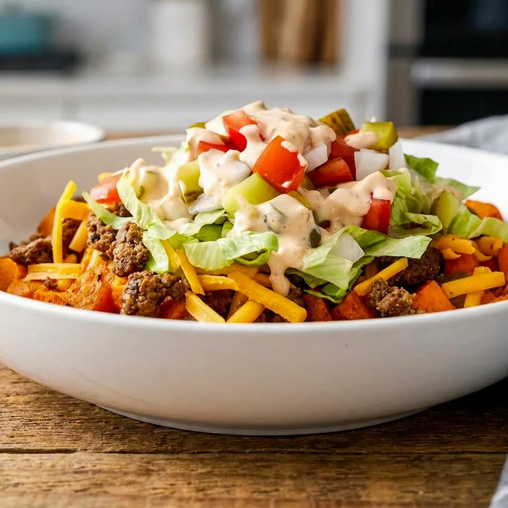 Drizzled with copycat burger sauce, this Sweet Potato Burger Bowl ranks among the tastiest Healthy Bowls you'll make this week.