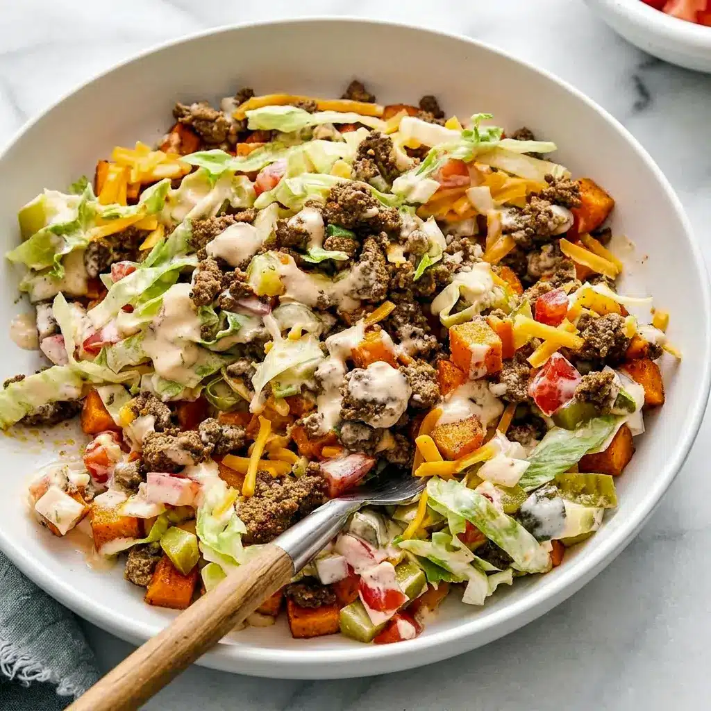 Layered with beef, cheese, and sauce, this Sweet Potato Burger Bowl is one of the best Ground Beef Recipes for a healthier weeknight dinner.