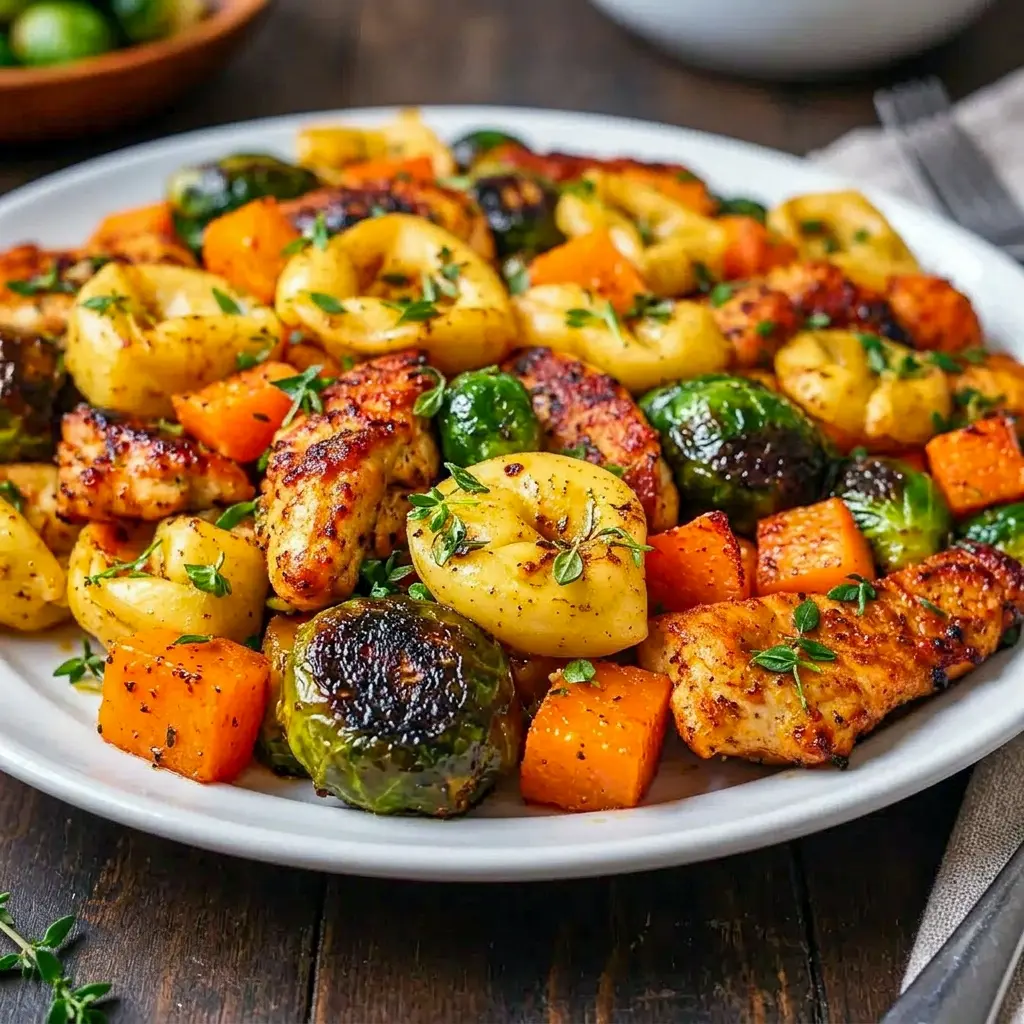 Loaded with golden Brussels sprouts and roasted squash, this Autumn Chicken Dinner with Roasted Vegetables is a great fit for Easy Simple Dinner Recipes Healthy eaters.