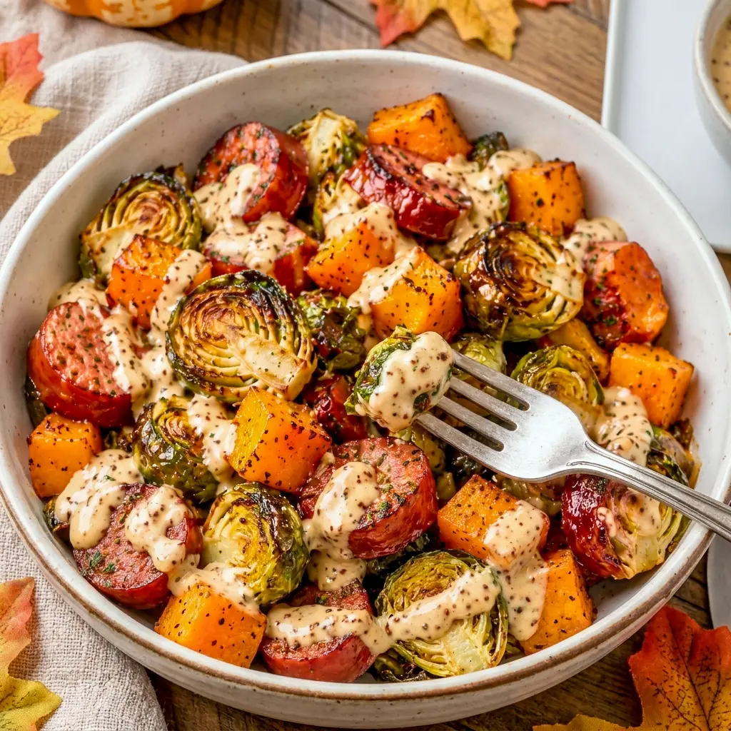 Loaded with crispy Brussel Sprouts and Hasselback sausage, this Easy Sheet Pan Fall Dinner is finished with a creamy apple cider Dijon sauce.
