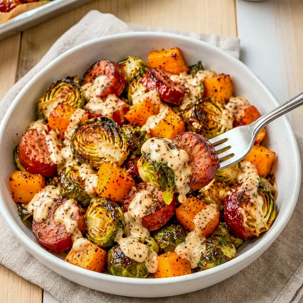 Served with a spoonful of cider sauce, this Easy Sheet Pan Fall Dinner is a faster swap for a typical Dinner With Ground Beef.