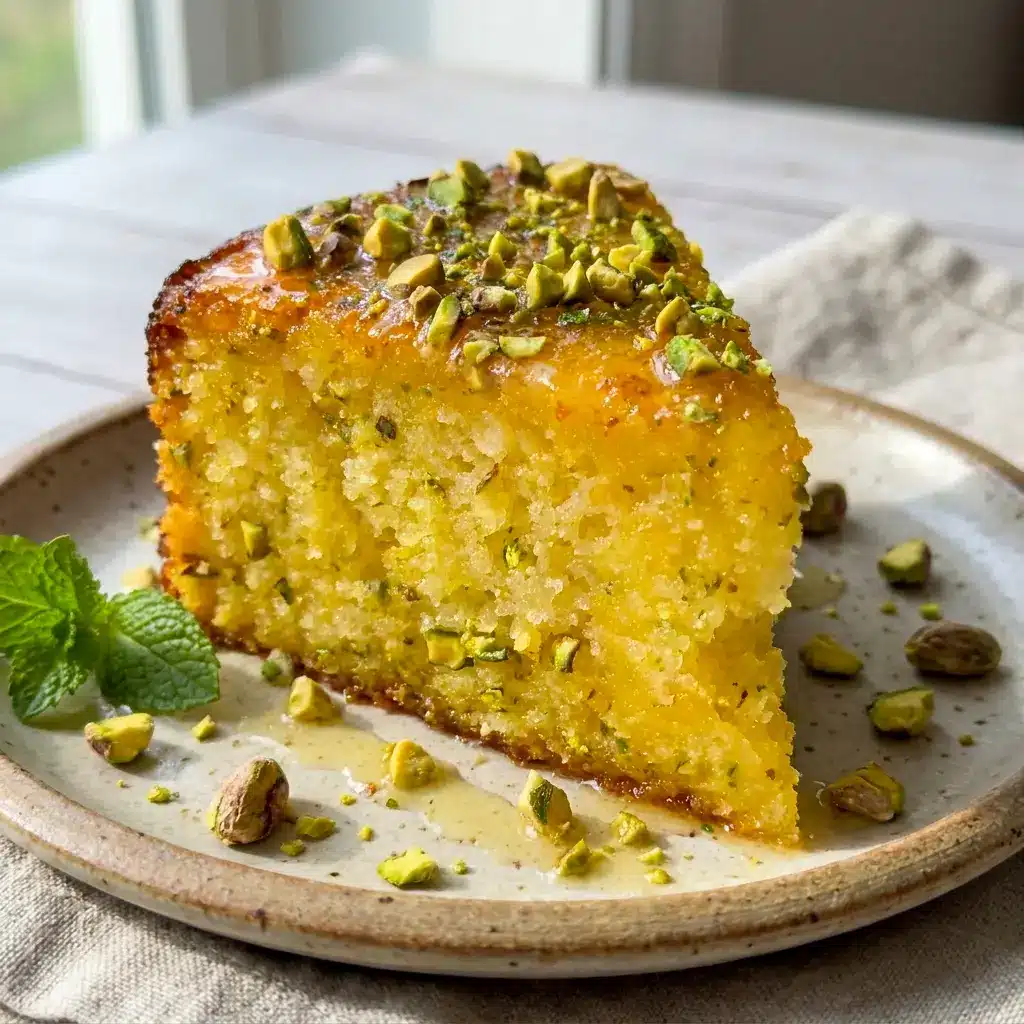 Sliced to show its soft, custardy crumb, this Flourless Lemon Pistachio Cake fits perfectly into a Mediterranean Diet Cake rotation.